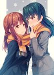  arms_behind_back bangs blue_hair brown_eyes brown_hair coat commentary_request eye_contact face-to-face hair_ornament hairpin kunikida_hanamaru long_hair long_sleeves looking_at_another love_live! love_live!_sunshine!! multiple_girls open_mouth purple_eyes scarf shared_scarf side_bun siva_(executor) smile snowflakes star star_hair_ornament tsushima_yoshiko upper_body winter_clothes yellow_scarf yuri 