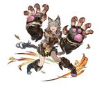  animal_ears breasts claw_(weapon) claws erune fangs full_body gloves granblue_fantasy grey_hair hair_between_eyes leaf looking_at_viewer medium_breasts minaba_hideo official_art one_eye_closed open_mouth red_eyes sen_(granblue_fantasy) skirt smile solo transparent_background weapon 