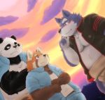  2018 anthro belly black_nose blush canine clothing group humanoid_hands kota&acute; male mammal moobs overweight overweight_male panda pants red_pands shirt ursine wolf 