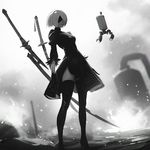  blindfold boots cleavage_cutout closed_mouth covered_eyes dress feather-trimmed_sleeves full_body gloves greyscale high_heel_boots high_heels ilya_kuvshinov juliet_sleeves long_sleeves monochrome nier_(series) nier_automata pod_(nier_automata) puffy_sleeves robot short_hair solo standing sword thigh_boots thighhighs thighs turtleneck vambraces virtuous_contract weapon yorha_no._2_type_b 