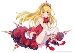  ankle_lace-up bangs bare_shoulders blonde_hair blunt_bangs blush bow cagliostro_(granblue_fantasy) cross-laced_footwear dress eyebrows_visible_through_hair floating_hair frilled_dress frills full_body granblue_fantasy hairband hands_on_own_cheeks hands_on_own_face harunoibuki head_rest high_heels knees_up long_hair looking_at_viewer o3o pantyhose purple_bow purple_eyes red_bow red_dress red_footwear shiny shiny_hair shoe_soles shoes simple_background solo strapless strapless_dress tiara weapon white_legwear 