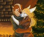  anthro canine christmas christmas_tree clothed clothing dafka duo female holidays hug male male/female mammal mustelid otter sketch smile standing tongue tongue_out tree 