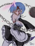  blood blue_eyes blue_hair breasts chain cleavage detached_sleeves dress glowing_horn hair_ornament hair_over_one_eye holding holding_weapon horn looking_away maid medium_breasts oni pantyhose ragho_no_erika re:zero_kara_hajimeru_isekai_seikatsu rem_(re:zero) short_hair simple_background solo standing weapon x_hair_ornament 