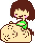  &lt;3 abdominal_bulge black_hair blush brown_hair chara_(undertale) child_pred clothing digestion digital_media_(artwork) eyes_closed hair hand_on_stomach licking licking_lips oral_vore pixel_(artwork) shirt sitting_on_belly struggling theokaypixelatedboy tongue tongue_out undertale video_games vore 