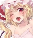 alternate_costume arms_at_sides asa_(coco) bare_shoulders blonde_hair blush bow breasts camisole collarbone eyebrows_visible_through_hair fangs flandre_scarlet hair_between_eyes hair_bow hair_ribbon hat looking_at_viewer mob_cap one_eye_closed open_mouth red_eyes ribbon saliva short_hair side_ponytail sketch slit_pupils small_breasts solo strap_slip tongue touhou wavy_hair wings 