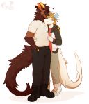  2017 anthro blush brown_fur claws clothing duo embrace eyes_closed fish fur hair horn hybrid jeanx khan_(jeanx) kobold lucky_(jeanx) male male/male marine nuzzling shark short_hair simple_background smile white_fur 