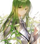  androgynous bangs enkidu_(fate/strange_fake) expressionless eyebrows_visible_through_hair fate/strange_fake fate_(series) green_hair hair_between_eyes hands_up leaf long_hair looking_at_viewer male_focus petals plant shirt solo tsugutoku upper_body white_background white_shirt 