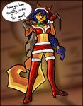  2016 anthro big_breasts blue_hair breasts canine carmelita_fox christmas clothed clothing ear_piercing english_text female fox fur hair hat holidays legwear long_hair looking_at_viewer mammal navel panties piercing santa_hat sly_cooper_(series) smile solo text theomegaridley underwear video_games 