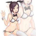  :3 animal_ears bikini black_bow black_hair black_neckwear bow bowtie breasts bunny_ears cancell commentary detached_collar fake_animal_ears fang grey_eyes hand_up looking_at_viewer medium_breasts navel open_mouth original side-tie_bikini sitting smile solo swimsuit thick_eyebrows thighhighs waving white_bikini white_legwear wrist_cuffs zoom_layer 