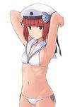  bikini breasts brown_eyes brown_hair clothes_writing cowboy_shot fuyube_gin_(huyube) hat highres kantai_collection light_smile lowleg lowleg_bikini official_style sailor_bikini sailor_collar sailor_hat shimada_fumikane_(style) short_hair small_breasts solo standing swimsuit white_bikini white_hat z3_max_schultz_(kantai_collection) 