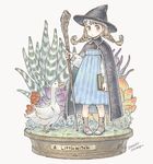  2016 animal artist_name bad_id bad_pixiv_id bird black_cape black_hat blue_dress blue_eyes book braid brown_footwear cape commentary_request dated dress fantasy goose hat holding holding_book isakawa_megumi original plant shoes staff twin_braids witch witch_hat 