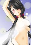  arm_above_head black_hair blue_background blush breasts date_a_live groin hand_on_own_chest highres large_breasts leixue_kongling lens_flare light_censor long_hair navel nude red_eyes solo tokisaki_kurumi twintails 