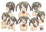  1girl :d artist_request blue_eyes breasts character_sheet eyes_closed female light_brown_hair looking_at_viewer minori_(senran_kagura) multiple_views no_bra official_art open_mouth senran_kagura short_twintails simple_background smile solo tank_top twintails upper_body white_background 