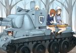  absurdres aki_(girls_und_panzer) ankle_boots bangs black_footwear black_legwear blue_jacket blue_skirt blunt_bangs boots brown_eyes brown_hair bt-42 commentary_request cross-laced_footwear emblem forest girls_und_panzer ground_vehicle hat highres instrument irukatto jacket kantele keizoku_(emblem) light_brown_hair light_smile long_hair long_sleeves looking_at_another mika_(girls_und_panzer) mikko_(girls_und_panzer) military military_uniform military_vehicle miniskirt motor_vehicle multiple_girls music nature nishizumi_miho one_eye_closed outdoors playing_instrument pleated_skirt short_hair sitting skirt socks tank track_jacket tree uniform white_skirt 