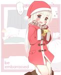  1girl bed blush boots check_translation christmas coat embarrassed english flying_sweatdrops fur_trim genderswap genderswap_(mtf) gloves grey_eyes hat highres holding holding_paper long_hair non_(wednesday-classic) open_mouth original oversized_clothes paper sack santa_claus santa_costume santa_hat scarf sleeping sleeves_past_wrists solo speech_bubble sweatdrop text_focus translation_request white_hair zzz 
