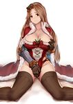  ass_visible_through_thighs bell bow bracer breasts brown_gloves brown_hair brown_legwear cape christmas cleavage closed_mouth collarbone covering covering_crotch cross-laced_clothes fur-trimmed_cape fur_trim gloves granblue_fantasy groin hair_bell hair_ornament hand_on_breast highres katalina_aryze large_breasts leotard long_hair looking_at_viewer pak_ce red_bow red_cape red_eyes red_leotard santa_costume shiny shiny_hair sitting solo thighhighs vambraces wavy_mouth white_background 