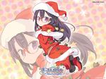  blade_(galaxist) blush boots copyright_name dress from_behind full_body glasses hat highres logo looking_at_viewer looking_back mary_lane official_art pop-up_story purple_eyes purple_hair red-framed_eyewear santa_costume santa_hat solo zoom_layer 