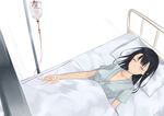  bangs bed black_hair blanket breasts closed_eyes collarbone hospital_bed hospital_gown intravenous_drip large_breasts long_hair lying on_back original pillow rure smile solo translated white_background 