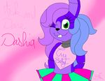  2016 animatronic anthro bib black_nose buckteeth clothed clothing colored_hair dashia dashiathebunny english_text eyelashes fan_character female five_nights_at_freddy&#039;s fur green_eyes hair lagomorph long_hair looking_at_viewer machine mammal multicolored_fur one_eye_closed purple_fur rabbit robot signature simple_background skirt smile teeth text video_games 