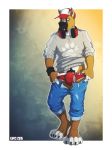  2016 anthro bulge canine clothing dog headphones jeans male mammal pants pinup pose sky3 solo tagme teasing underwear undressing 