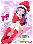  ;d boots christmas convenient_leg fur-trimmed_boots fur_trim hat highres izayoi_liko knee_boots long_hair mahou_girls_precure! nii_manabu one_eye_closed open_mouth precure purple_eyes purple_hair red_footwear santa_boots santa_hat skirt smile solo 