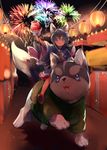  animal animal_ears blue_eyes blue_hair braid candy_apple dog fireworks food frilled_kimono frills highres japanese_clothes kimono koyomi_(shironeko_project) lantern oversized_animal paper_lantern riding rukako shironeko_project smile tarou_(shironeko_project) twin_braids wide_sleeves wolf_ears 