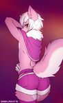  2016 anthro butt canine clothed clothing darkeye dash_ravo digital_media_(artwork) dog fur girly hair husky legwear looking_at_viewer looking_back male mammal short_hair solo standing text undressing white_fur white_hair 