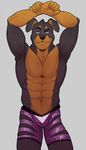  2016 abs anthro armpits arms_above_head athletic bedroom_eyes black_fur brown_fur bulge canine clothed clothing digital_media_(artwork) dog fur glitter half-closed_eyes knuxlight looking_at_viewer mammal muscular pecs pinup pose rottweiler seductive shorts simple_background teasing topless 