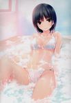  absurdres aoyama_sumika bangs bare_arms bare_legs bare_shoulders bathing bathroom bathtub bikini black_hair blunt_bangs blush breasts brown_eyes cleavage coffee-kizoku collarbone eyebrows_visible_through_hair groin head_tilt highres indoors leg_up medium_breasts navel original partially_submerged pink_lips scan shiny shiny_skin short_hair smile soap solo stomach swimsuit water wet wet_clothes wet_swimsuit white_bikini window 