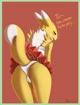  2016 anthro bent_over black_sclera blue_eyes border butt canine christmas clothing dialogue digimon female fox fur holidays looking_at_viewer looking_back mammal open_mouth panties raised_tail renabu renamon simple_background solo text tutu underwear upskirt white_fur yellow_fur 
