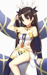  1girl adjusting_hair arm arm_support arm_up armlet artist_request bare_arms bare_legs bare_shoulders black_gloves black_hair black_legwear black_ribbon blush breasts bridal_gauntlets cleavage crown earrings elbow_gloves fate/grand_order fate_(series) female gem gloves hair_ribbon hoop_earrings ishtar_(fate/grand_order) jewelry knees_together_feet_apart legs long_hair looking_at_viewer naughty_face neck neck_ring pelvic_curtain red_eyes revealing_clothes ribbon shiny shiny_hair single_elbow_glove single_glove single_thighhigh sitting smile solo strapless thighhighs thighlet tohsaka_rin two_side_up 