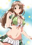  amagi_(kantai_collection) arm_at_side bare_shoulders blush breasts brown_eyes brown_hair cleavage_cutout clenched_hands crop_top flower hair_between_eyes hair_flower hair_ornament highres hip_vent kantai_collection large_breasts long_hair looking_at_viewer midriff miniskirt mole mole_under_eye navel pleated_skirt ponytail remodel_(kantai_collection) short_sleeves skirt solo tatsu_shinomu 