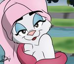 2016 animaniacs benji-fox breasts cleavage clothed clothing female fur grass head_tilt looking_at_viewer mammal minerva_mink mink mustelid outside robe shrug solo towel warner_brothers water white_fur 