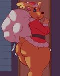  animal_crossing anthro antlers big_breasts big_butt black_eyes black_nose bottomless breasts brown_fur butt cervine christmas clothed clothing costume crossgender doorway eyelashes female fur holidays horn huge_butt jingle_(animal_crossing) mammal nintendo nipple_bulge open_mouth reindeer sack santa_costume solo sound_effects stuck thick_thighs unknown_artist video_games 