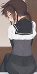  ass black_legwear blurry blurry_background blush bodysuit brown_eyes brown_hair corset crotch_seam from_behind from_side hair_ears hair_tie hatsuzuki_(kantai_collection) indoors kantai_collection looking_at_viewer looking_back panties panties_under_pantyhose pantyhose ponytail school_uniform see-through serafuku short_hair short_sleeves sitting solo spirytus_tarou underwear white_panties 