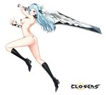  :o arched_back areola_slip areolae arm_ribbon ass bad_id bad_pixiv_id bangs black_footwear blue_eyes blue_hair blush boots breasts character_request choker closers copyright_name english fingernails floating_hair flower from_side full_body hair_ribbon hairband happening18 highres holding holding_sword holding_weapon huge_weapon leg_up long_hair looking_at_viewer medium_breasts nude_filter open_hand palms panties revealing_clothes ribbon rose shiny shiny_hair shoe_soles sideboob solo spread_fingers sword third-party_edit thong underwear v-shaped_eyebrows violet_(closers) weapon wrist_cuffs 