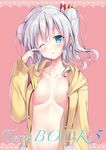  bad_id bad_pixiv_id blue_eyes breasts cover cover_page doujin_cover hood hoodie kantai_collection kashima_(kantai_collection) long_hair looking_at_viewer medium_breasts navel one_eye_closed silver_hair solo sousouman tears twintails wavy_hair 