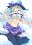  :d aqua_hair bare_shoulders black_hat black_skirt breasts brown_eyes cleavage commentary_request cowboy_shot crop_top groin hair_between_eyes hat hat_ribbon large_breasts long_skirt looking_at_viewer navel open_mouth original pointy_ears ribbon skirt smile solo stomach tattoo utopia veil 
