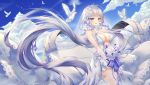  1girl ahoge alternate_costume armpits azur_lane bangs bird blue_eyes blue_sky blurry bouquet breasts bridal_veil cleavage cloud commentary dove dress elbow_gloves eyebrows_visible_through_hair flight_deck floating_hair flower gloves hair_ornament highres holding holding_bouquet illustrious_(azur_lane) lace lace-trimmed_dress large_breasts long_hair looking_at_viewer low_twintails mellozzo mole mole_under_eye no_bra ocean open_mouth revision rose sidelocks skindentation sky smile solo standing symbol_commentary thigh_strap tiara twintails veil waves wedding_dress white_dress white_flower white_gloves white_hair white_legwear white_rose wind wind_lift 