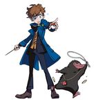  blue_coat blue_eyes boots bow bowtie coat coin commentary fantastic_beasts_and_where_to_find_them freckles holding holding_poke_ball jewelry male_focus necklace newt_scamander niffler open_mouth parody pearl_necklace pointing poke_ball poke_ball_(generic) pokemon rem_(artist) simple_background style_parody wand white_background 