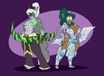  anthro canine clothed clothing duo elf female glowing glowing_eyes humanoid kaboozle male mammal melee_weapon no_pupils smile standing weapon 