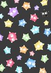  amano_himame black_background closed_mouth colorful gen_7_pokemon highres minior no_humans pokemon pokemon_(creature) polka_dot polka_dot_background shiny_pokemon smile solid_eyes spikes wallpaper white_eyes 