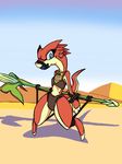  anthro ball_gag bdsm blue_eyes bondage bound clothing desert ever_oasis female gag lizard looking_at_viewer melee_weapon miura naivintage nintendo polearm reptile rope sand scalie solo spear thick_thighs underwear video_games weapon wide_hips 