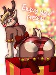  all_fours anthro antlers blush bow bulge butt cervine christmas clothed clothing collar drako1997 english_text eyewear fur gift glasses hair holidays horn legwear looking_back looking_down male mammal presenting presenting_hindquarters reindeer smile stockings text topless underwear 