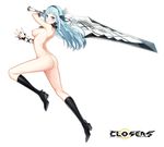  :o arched_back arm_ribbon ass bad_id bad_pixiv_id bangs black_footwear blue_eyes blue_hair blush boots breasts choker closers copyright_name english fingernails floating_hair flower from_side full_body hair_ribbon hairband happening18 highres holding holding_sword holding_weapon huge_weapon leg_up long_hair looking_at_viewer medium_breasts nipples nude open_hand palms ribbon rose shiny shiny_hair shoe_soles sideboob solo spread_fingers sword v-shaped_eyebrows weapon wrist_cuffs 