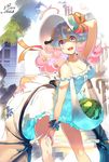  ahoge artist_name bad_id bad_pixiv_id bare_shoulders blue_eyes blue_sky breasts building cleavage cloud cloudy_sky day dress food frilled_dress frills fruit hair_ornament hand_on_headwear hand_on_own_knee hat koyoi_mitsuki large_breasts leaning_forward long_dress looking_at_viewer low_wings moa_(show_by_rock!!) outdoors pink_hair railing show_by_rock!! signature sky smile solo stairs standing star star_hair_ornament sun_hat watermelon white_dress wind wind_lift wings 