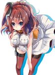  blue_eyes breast_pocket breasts brown_hair dress garter_straps gouda_nagi highres kantai_collection large_breasts leaning_forward long_hair looking_at_viewer magazine_(weapon) pocket ponytail red_legwear red_neckwear saratoga_(kantai_collection) side_ponytail solo thighhighs white_dress 