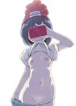  bad_id bad_twitter_id bangs beanie blush breasts cellphone covering_eyes cowboy_shot full-face_blush groin hat hips holding holding_phone inactive_account kago_no_tori lifted_by_self mizuki_(pokemon) mouth_hold navel nipples panties panty_pull phone pokemon pokemon_(game) pokemon_sm pussy red_hat self_shot shiny shiny_skin shirt shirt_in_mouth shirt_lift short_hair short_sleeves simple_background small_breasts smartphone solo standing stomach taking_picture underwear white_background white_panties 