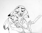  2016 anthro arm_around_neck buckteeth canine carrying clothed clothing disney embrace eyes_closed female fox fur half-closed_eyes impano judy_hopps lagomorph male mammal monochrome nick_wilde rabbit size_difference smile teeth traditional_media_(artwork) zootopia 
