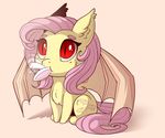  evehly female feral fluttershy_(mlp) friendship_is_magic fur hair membranous_wings my_little_pony nude pink_hair red_eyes simple_background sitting solo white_background wings yellow_fur 
